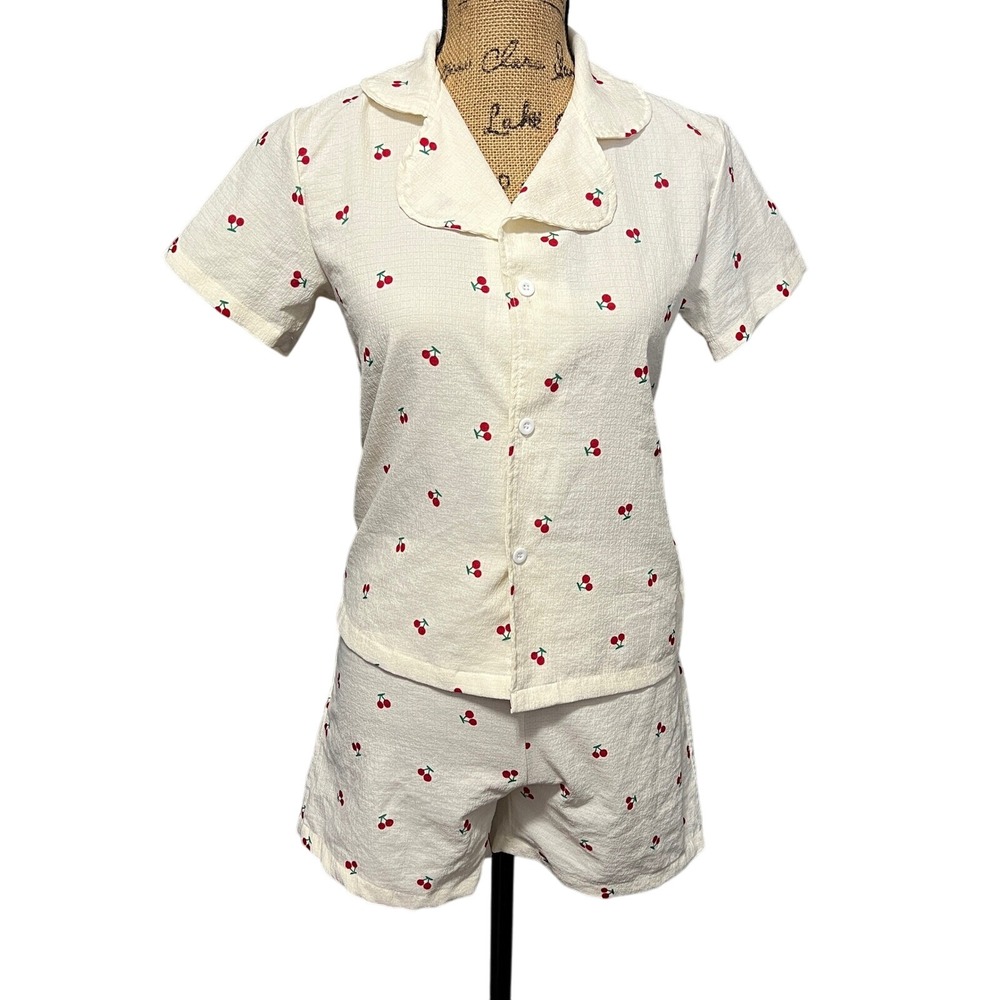 Cherry Print Pajama Set Small Short Sleeve Top & Shorts Sleepwear Loungewear